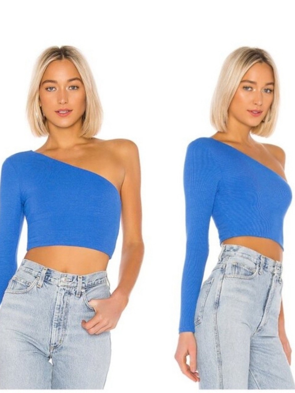 superdown Revolve Blue One-Shoulder Ribbed Long-Sleeve Crop Top Medium